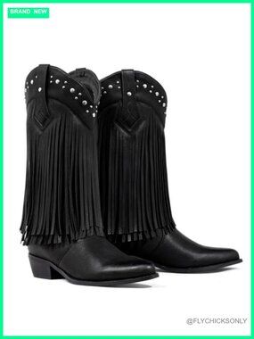 Faux Suede Fringe Cowboy Boots with Stud Accents - Wide Calf